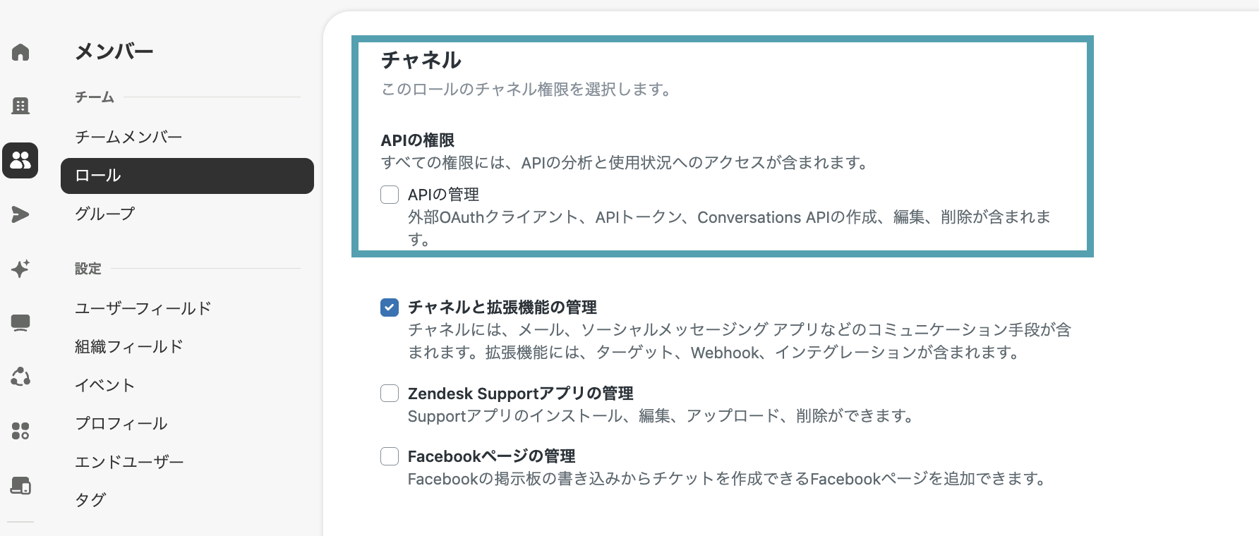カスタムロール権限「APIの管理」の設定画面